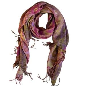 Large boho floral woven scarf with fringe 25” X 70”